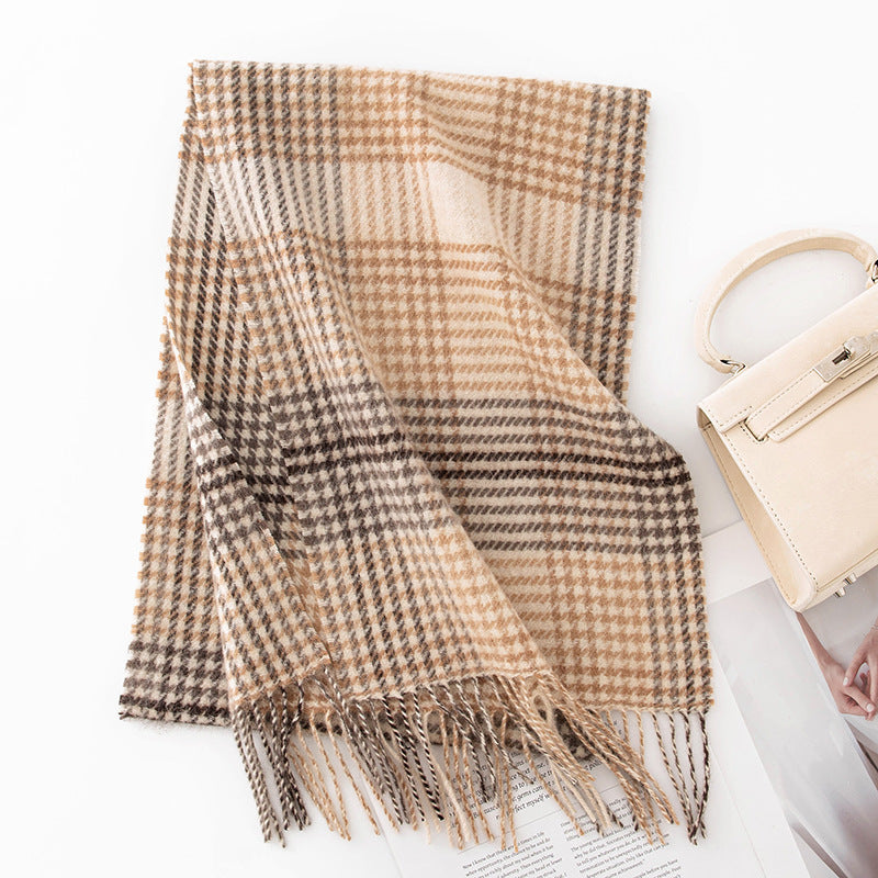 Autumn Winter Women Thick Plaid Stitching Warm Tassel Scarf