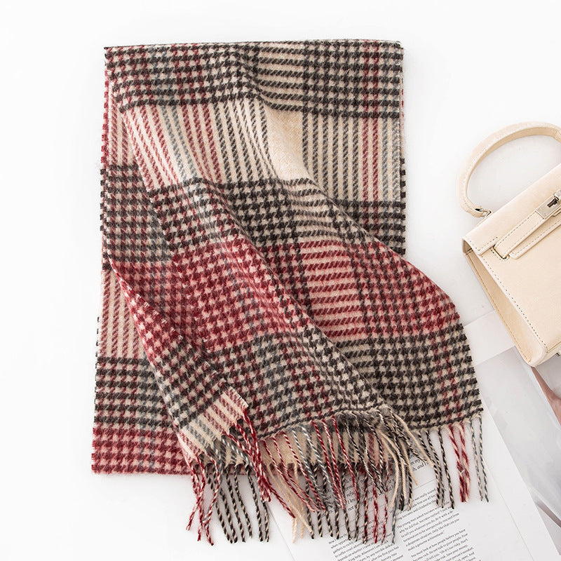Autumn Winter Women Thick Plaid Stitching Warm Tassel Scarf