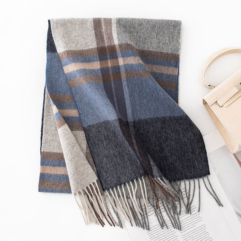 Autumn Winter Women Thick Plaid Stitching Warm Tassel Scarf