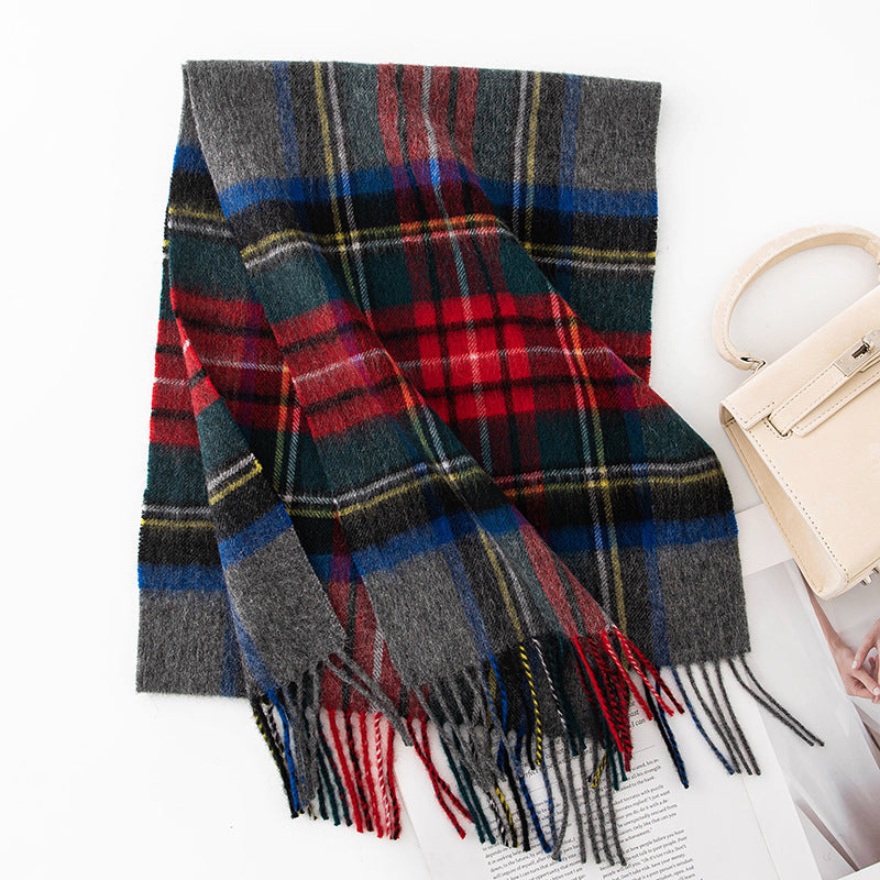 Autumn Winter Women Thick Plaid Stitching Warm Tassel Scarf