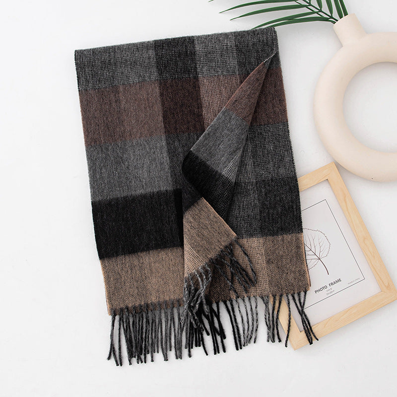Autumn Winter Women Thick Plaid Stitching Warm Tassel Scarf