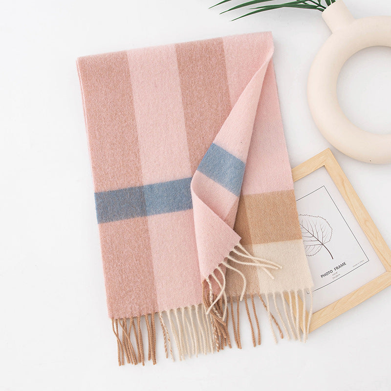 Autumn Winter Women Thick Plaid Stitching Warm Tassel Scarf